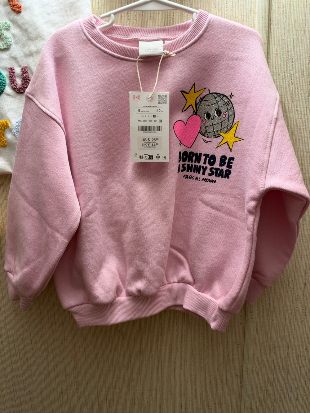 Zara Pink Graphic Crewneck Sweater with Disco Ball, Heart & Stars